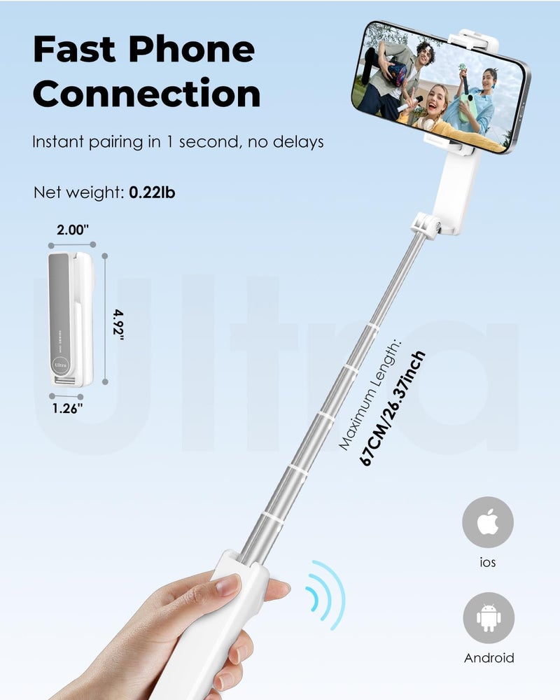 Viozon Aluminum Alloy Wireless Selfie Stick, Lightweight Extendable Pocket-Size Phone Stick with Remote, Compact Travel Selfie Stick Compatible with 4–7" Smartphones for Vlog/Filming - Image 3